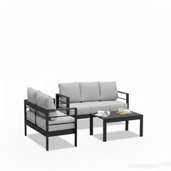 3-Piece Modern Aluminum Patio Conversation Set, 5-Seat Outdoor Sofa with Thick Light Gray Cushions & Black Frame and Coffee Table
