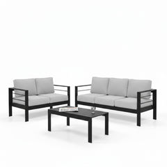 3-Piece Modern Aluminum Patio Conversation Set, 5-Seat Outdoor Sofa with Thick Light Gray Cushions & Black Frame and Coffee Table