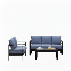 3-Piece Modern Aluminum Patio Conversation Set, 5-Seat Outdoor Sofa with Thick Blue Cushions & Black Frame and Coffee Table