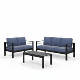 3-Piece Modern Aluminum Patio Conversation Set, 5-Seat Outdoor Sofa with Thick Blue Cushions & Black Frame and Coffee Table