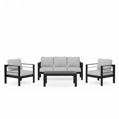 4-Piece Modern Aluminum Patio Conversation Set, 5-Seat Outdoor Sofa with Thick Light Gray Cushions & Black Frame and Coffee Table