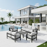 5-Piece Modern Aluminum Patio Conversation Set, 7-Seat Outdoor Sofa with Thick light Gray Cushions & Black Frame and Coffee Table