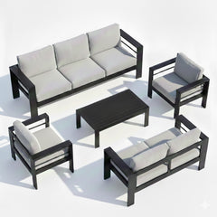 5-Piece Modern Aluminum Patio Conversation Set, 7-Seat Outdoor Sofa with Thick light Gray Cushions & Black Frame and Coffee Table