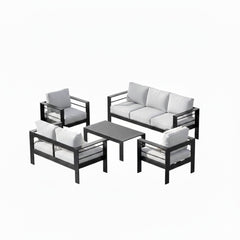 5-Piece Modern Aluminum Patio Conversation Set, 7-Seat Outdoor Sofa with Thick light Gray Cushions & Black Frame and Coffee Table