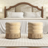 Edward 17.5" Round Upholstered Ottoman with Bullion Fringe Fawn Brown Performance Velvet