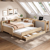 Twin Size Daybed With Trundle,Wood Daybed Frame with Storage Drawers,Side Shelves and Desk,Golden.