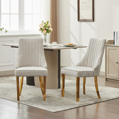 Rayon Cloth Flocking Chenille Dining Chairs Channel Kitchen Dinner Chair Comfy Fabric Upholstered Accent Chair for Dining Room with Golden Stainless Steel Plating Legs,Set of 2 (Beige), SW1647BG