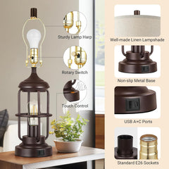 Table Lamp Set of 2 with USB Ports, Touch Control 3-Way Dimmable Bedside Lamp with 2 LED Night Light, Farmhouse Rustic Nightstand Lamp for Living Room Bedroom Decor (2700K Bulbs Included)