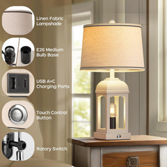 Table Lamp for Living Room, Farmhouse Lamps Set of 2 with USB A+C and Nightlight, 26" Rustic Bedside Lamps with 3-Way Dimmable, Touch Nightstand Lamp for Bedroom, White