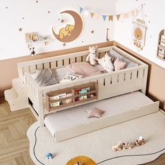 Twin with built-in bookshelves and small staircase, high-quality safety rails, and Trundle, Beige