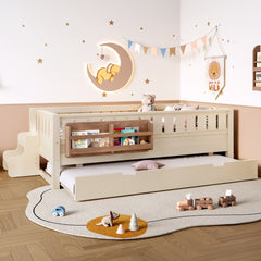 Twin with built-in bookshelves and small staircase, high-quality safety rails, and Trundle, Beige