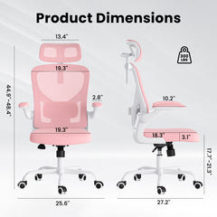 Ergonomic Office Chair, Home Office Desk Chair with Headrest, High Back Computer Chair with Armrests and Adjustable Lumbar Support for Home Office Study Room, White & Pink