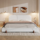 Unique Design, White Fabric and Solid Wood Legs Upholstered Bed Frame,California King