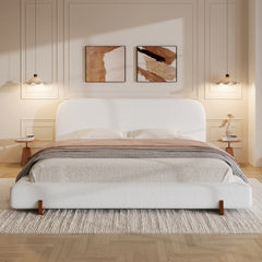 Unique Design, White Fabric and Solid Wood Legs Upholstered Bed Frame,California King
