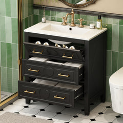 30'' Bathroom Vanity with Ceramic Sink Combo, Free Standing Single Vanity Set with 3 Drawers, Solid Wood Frame Bathroom Storage Cabinet, Black