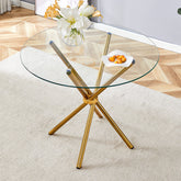 Round clear glass dining table with a unique shape for 4-6 people, with ring-shaped gathered gold metal legs, suitable for desks, kitchens, terraces, dining rooms. W1151P208338