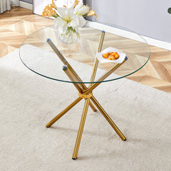 Round clear glass dining table with a unique shape for 4-6 people, with ring-shaped gathered gold metal legs, suitable for desks, kitchens, terraces, dining rooms. W1151P208338