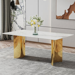 Modern minimalist dining table. The white imitation marble glass desktop is equipped with golden metal legs. Suitable for restaurants and living rooms 71 "* 39.3" * 29.5 "W1151S00602