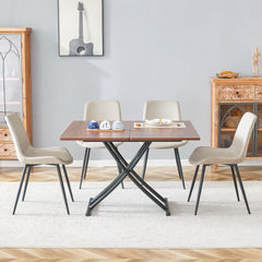 Table and chair set.Modern Multifunctional Lifting Platform,Walnut Wood Grain Sticker MDF Desktop, Black Metal Legs.Paired with 4 Warm Gray Artificial PU Chairs With Curved Widened Cushion Design.