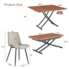 Table and chair set.Modern Multifunctional Lifting Platform,Walnut Wood Grain Sticker MDF Desktop, Black Metal Legs.Paired with 4 Warm Gray Artificial PU Chairs With Curved Widened Cushion Design.