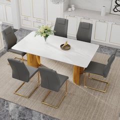 Table and chair set.The table has a glass tabletop with imitation marble pattern sticker and stainless steel golden table legs.Paried with 6 comfortable chairs with PU seats and metal legs.W1151S01529