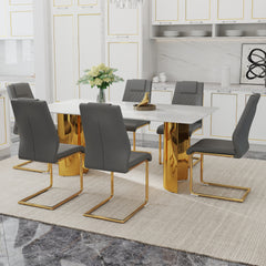 Table and chair set.The table has a glass tabletop with imitation marble pattern sticker and stainless steel golden table legs.Paried with 6 comfortable chairs with PU seats and metal legs.W1151S01529