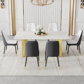 Table and chair set.The table has a glass top with imitation marble pattern stickers and stainless steel golden legs. Paried with 6 White and Dark Gray Spliced Color PU Dining Chairs.W1151S01571