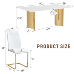 Table and chair set.The table has a glass tabletop with imitation marble pattern sticker and stainless steel golden table legs.Paried with 8 comfortable chairs with PU seats and metal legs.W1151S01525