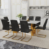 Table and chair set.The table has a glass tabletop with imitation marble pattern sticker and stainless steel golden table legs.Paried with 8 comfortable chairs with PU seats and metal legs.W1151S01527