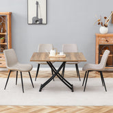 Table and chair set.Modern Multifunctional Lifting Platform,Natural Wood Grain Sticker MDF Desktop, Black Metal Legs.Paired with 4 Warm Gray Artificial PU Chairs With Curved Widened Cushion Design.
