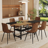 Table and chair set.71*35.4 inch Wooden And Black Spliced Dining Table With Storage Function In The Middle Of The Table Legs.Paired With 6 Technology-Fabric Brown Chairs With Curved Widened Cushion.