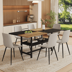 Table and chair set.71*35.4 inch Wooden And Black Spliced Dining Table With Storage Function In The Middle Of The Table Legs.Paired With 6 Warm Light Gray PU Chairs With Curved Widened Cushion Design.