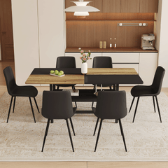 Table and chair set.71*35.4 inch Wooden And Black Spliced Dining Table With Storage Function In The Middle Of The Table Legs.Paired With 6 Black Artificial PU Chairs With Curved Widened Cushion Design