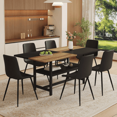 Table and chair set.71*35.4 inch Wooden And Black Spliced Dining Table With Storage Function In The Middle Of The Table Legs.Paired With 6 Black Artificial PU Chairs With Curved Widened Cushion Design