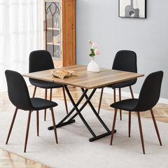 Table and chair set.Modern Multifunctional Lifting Platform,Natural Wood Grain Sticker MDF Desktop, Black Metal Legs.Paired with 4 Black Linen-Cotton Material High Resilience Dining Chairs.
