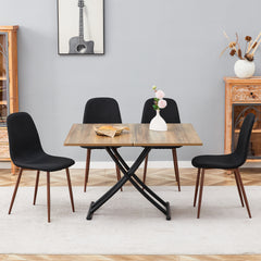 Table and chair set.Modern Multifunctional Lifting Platform,Natural Wood Grain Sticker MDF Desktop, Black Metal Legs.Paired with 4 Black Linen-Cotton Material High Resilience Dining Chairs.