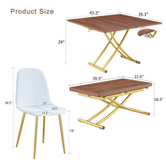 Table and chair set. Modern multifunctional lifting platform, wood textured sticker MDF desktop, gold metal legs. Paired with four white dining chairs made of linen fabric.
