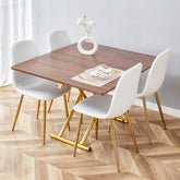 Table and chair set. Modern multifunctional lifting platform, wood textured sticker MDF desktop, gold metal legs. Paired with four white dining chairs made of linen fabric.