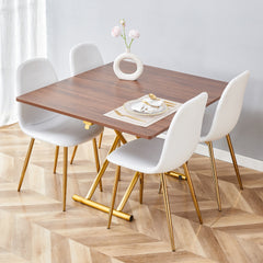 Table and chair set. Modern multifunctional lifting platform, wood textured sticker MDF desktop, gold metal legs. Paired with four white dining chairs made of linen fabric.