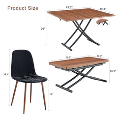 Table and chair set.Modern Multifunctional Lifting Platform,Walnut Wood Grain Sticker MDF Desktop, Black Metal Legs.Paired With 4 Black Linen-Cotton Material High Resilience Dining Chairs.