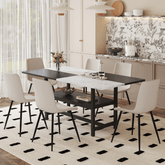 Table and chair set.71*35.4 inch White And Black Spliced Dining Table With Storage Function In The Middle Of The Table Legs.Paired With 6 Warm Light Gray PU Chairs With Curved Widened Cushion Design.