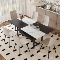 Table and chair set.71*35.4 inch White And Black Spliced Dining Table With Storage Function In The Middle Of The Table Legs.Paired With 6 Warm Light Gray PU Chairs With Curved Widened Cushion Design.