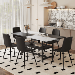 Table and chair set.71*35.4 inch White And Black Spliced Dining Table With Storage Function In The Middle Of The Table Legs.Paired With 6 Black Artificial PU Chairs With Curved Widened Cushion Design.