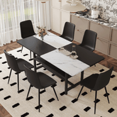Table and chair set.71*35.4 inch White And Black Spliced Dining Table With Storage Function In The Middle Of The Table Legs.Paired With 6 Black Artificial PU Chairs With Curved Widened Cushion Design.