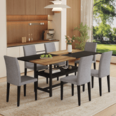 Table and chair set.71*35.4 inch Wooden And Black Spliced Dining Table With Storage Function In The Middle Of The Table Legs.Paired With 6 Light Gray Linen-Cotton Dining Chairs, Simple And Versatile.