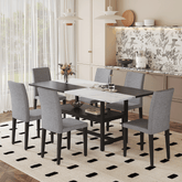 Table and chair set.71*35.4 inch White And Black Spliced Dining Table With Storage Function In The Middle Of The Table Legs.Paired With 6 Light Gray Linen-Cotton Dining Chairs, Simple And Versatile.