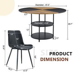 Table and chair set.A 47.3-inch diameter modern spliced color circular dining table - double-layer storage.Paired With 6 Black Artificial PU Chairs With Curved Widened Cushion Design.