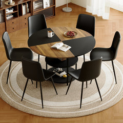 Table and chair set.A 47.3-inch diameter modern spliced color circular dining table - double-layer storage.Paired With 6 Black Artificial PU Chairs With Curved Widened Cushion Design.
