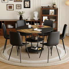 Table and chair set.A 47.3-inch diameter modern spliced color circular dining table - double-layer storage.Paired With 6 Black Artificial PU Chairs With Curved Widened Cushion Design.