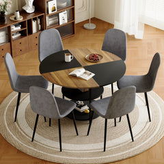 Table and chair set.A 47.3-inch diameter modern splicing circular dining table - double-layer storage.Paired With 6 Dark Gray Linen Fabric Chairs.Iron Pipe Spraying Chair Legs.W1151S03333
